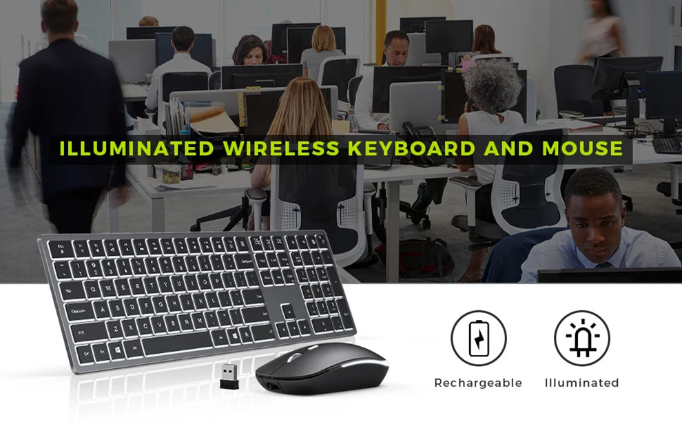 Wireless Backlit Keyboard and Mouse Combo – 2.4G USB Rechargeable Silent Full-Size Slim Set