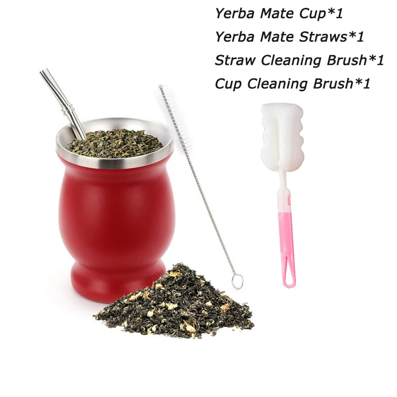 8oz 304 Stainless Steel Yerba Mate Cup Set – Double Wall Argentine Gourd with Bombilla Straw & Cleaning Brush Travel Mug