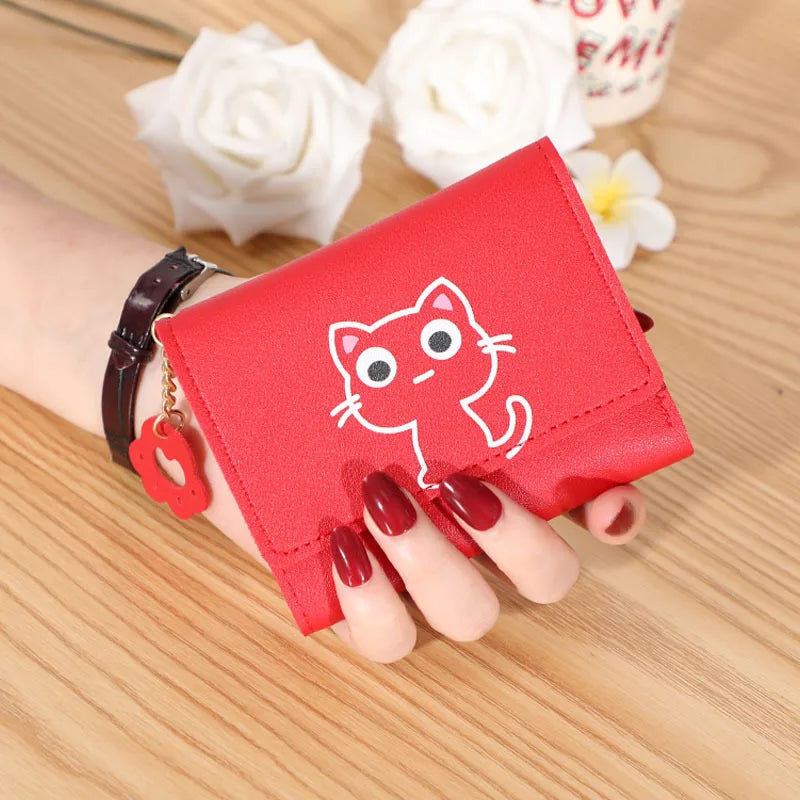 Women’s Cute Cat PU Leather Wallet — Small Short Card Holder Purse with Hasp, Fashion Money Bag for Girls & Gifts
