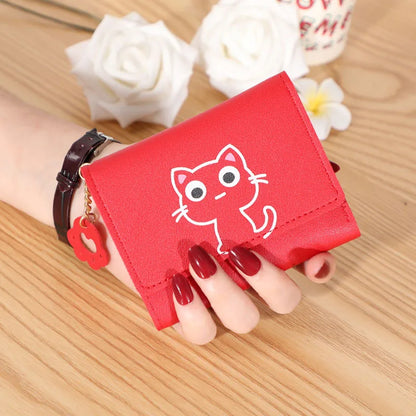 Women’s Cute Cat PU Leather Wallet — Small Short Card Holder Purse with Hasp, Fashion Money Bag for Girls & Gifts