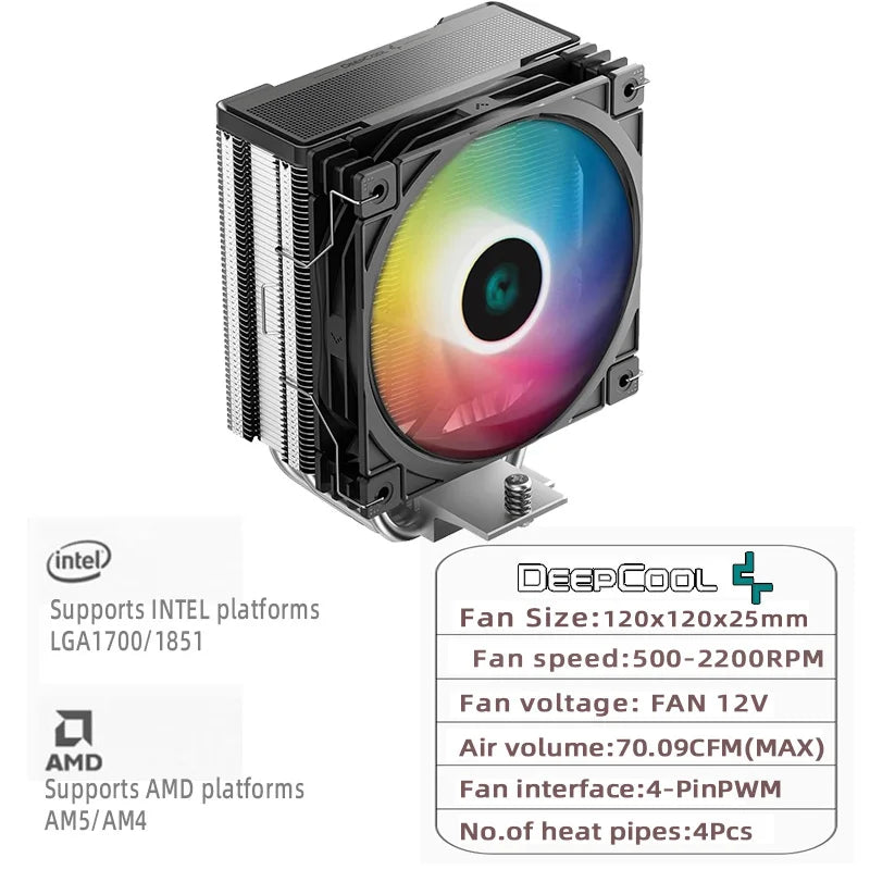 DEEPCOOL AG400 ARGB CPU Air Cooler – 4 Heat Pipe PWM 220W TDP High Performance Cooling for Intel LGA1700/1200/115X & AMD AM4/AM5