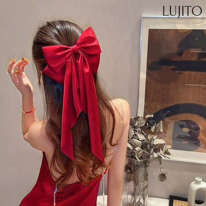 Women's Large Satin Bow Hair Clip – Black, White & Red Retro Hair Accessory for Daily Wear