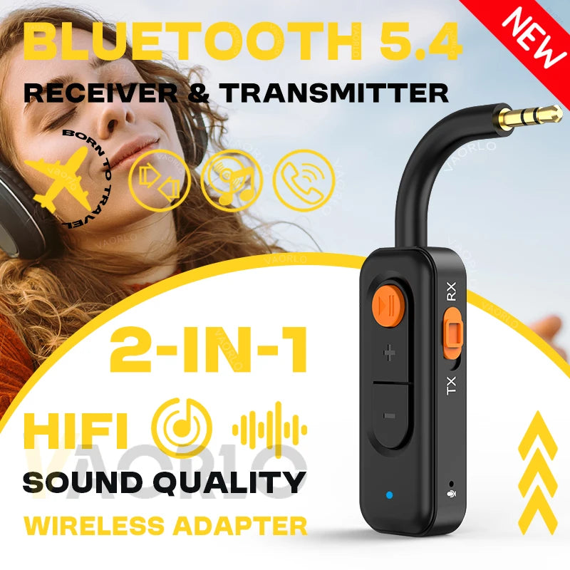 Bluetooth 5.4 Audio Transmitter Receiver – 3.5mm AUX HiFi Stereo Wireless Adapter with Mic for Car, Airplane, TV, PC & Headphones