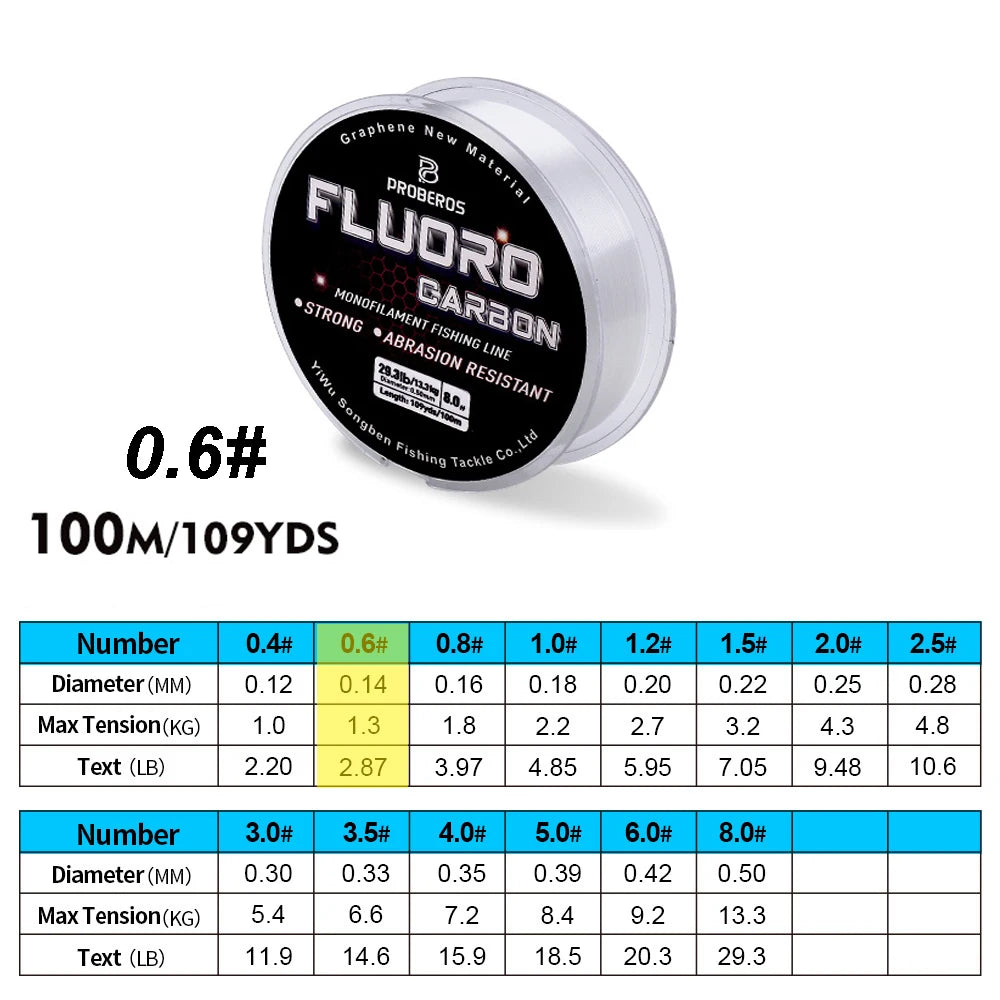 PROBEROS 100M Fluorocarbon Fishing Line - Carbon Fiber Monofilament Leader Line for Carp & Sinking Fishing Tackle
