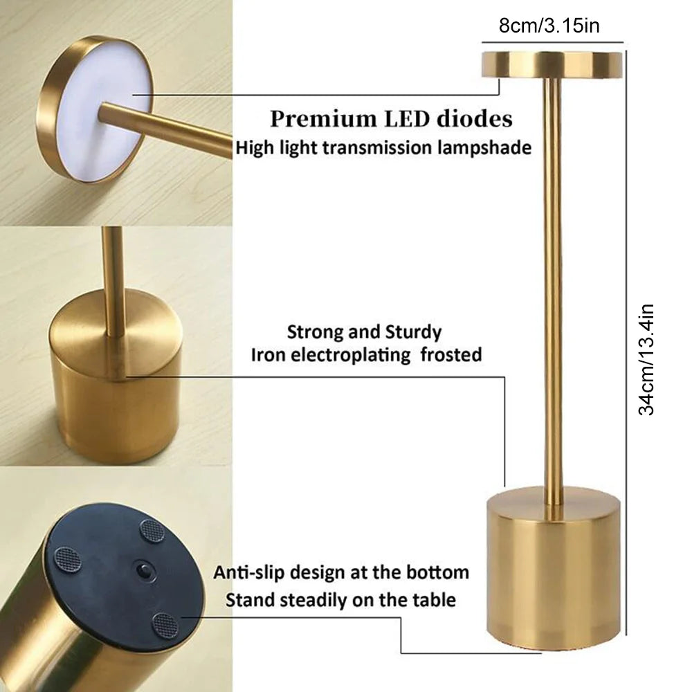Classic USB Rechargeable Table Lamp – Stepless Dimming Touch Desk Lamp with 3 Colors for Bedside, Hotel & Bar Decoration