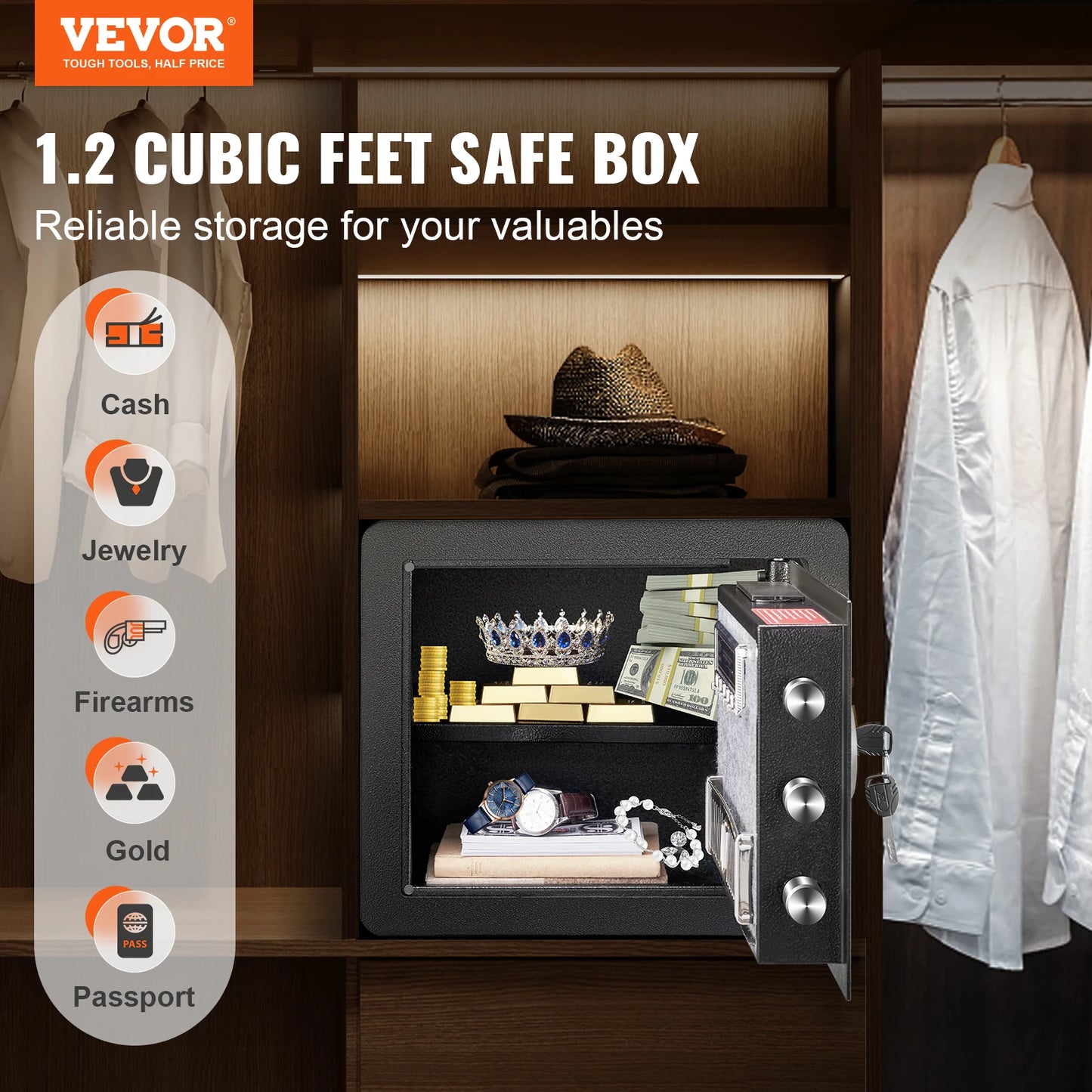 SucceBuy Electronic Safe Deposit Box — 1.2/0.5 Cubic Feet Digital Safe with Override Keys for Money, Jewelry, and Documents