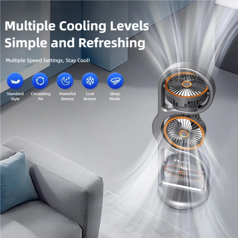 Portable USB Rechargeable Three Head Fan - 360° Air Circulation 5 Speed Desktop Cooling Fan for Dorm, Office & Outdoor Use