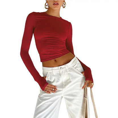 Women’s Long Sleeve Slim Fit Crop Top T-Shirt – Crew Neck Solid Color Thumb Hole Streetwear Summer Camisole Top