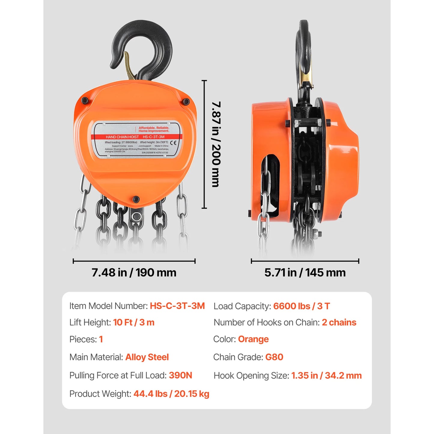 SucceBuy Manual Chain Hoist - G80 Galvanized Chain Block Pulley Hoist for Garage Lifting