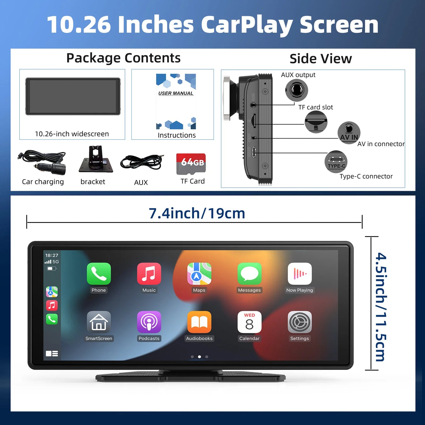 Portable Wireless CarPlay Car Stereo 10.26-Inch HD Touchscreen - Android Auto, Mirror Link & Backup Camera Support
