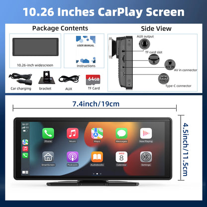 Portable Wireless CarPlay Car Stereo 10.26-Inch HD Touchscreen - Android Auto, Mirror Link & Backup Camera Support