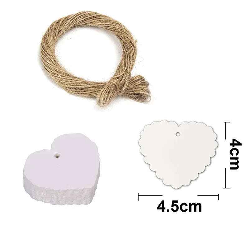 100PCS Hemp Rope & 20m Gilded Hanging Tags – Cowhide Black & White Cardboard Blank DIY Heart & Circle Labels