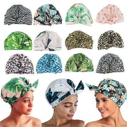 Stylish Waterproof Shower Cap - Striped Bath Cap with Adjustable Elastic Band for Women with Long Thick Hair