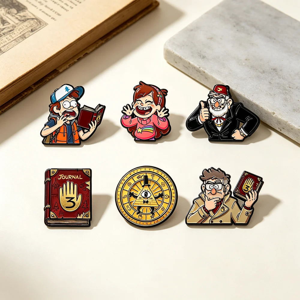 6-Piece Gravity Falls Enamel Pin Set - Cartoon Character and Bill Cipher Brooches for Backpacks, Clothing, Journals, and Collectors’ Gifts
