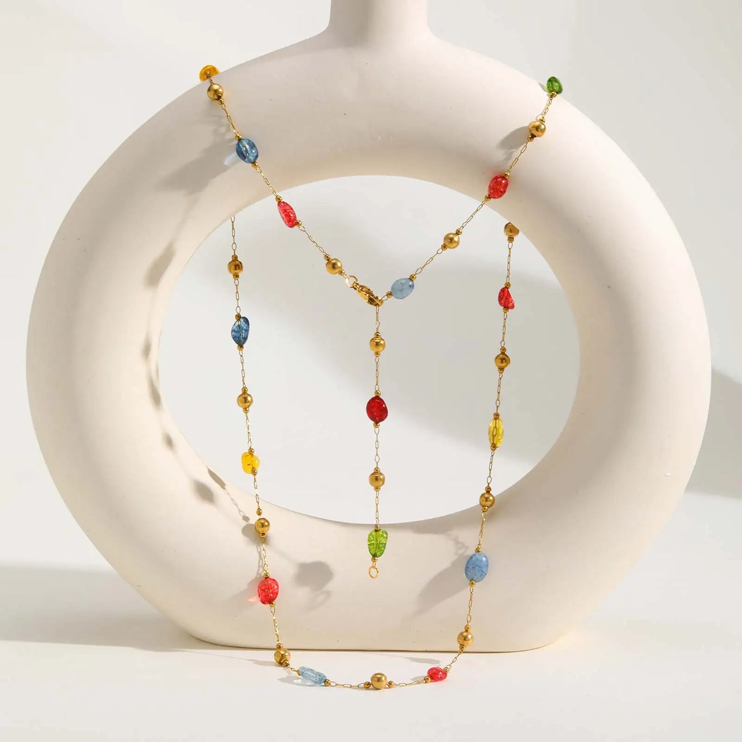 Colorful Rainbow Stone Boho Necklace - Stainless Steel Beaded Y-Shaped Chain Jewelry for Women’s Fashion Style