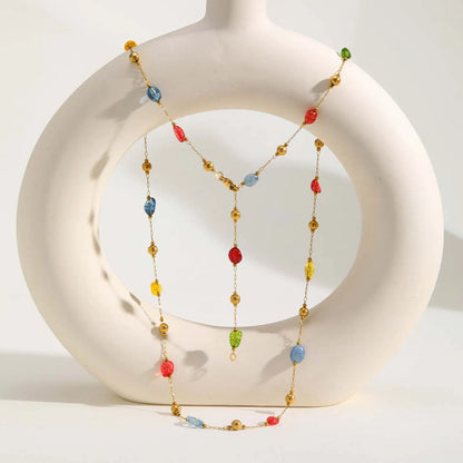 Colorful Rainbow Stone Boho Necklace - Stainless Steel Beaded Y-Shaped Chain Jewelry for Women’s Fashion Style
