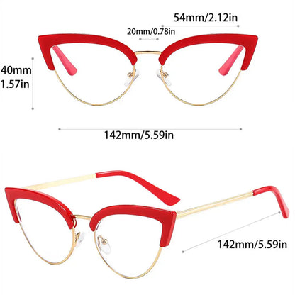 New Vintage Cat Eye Glasses Frame, Stylish Semi-Metal Rim Women’s Eyewear, Trendy Brand Design Non-Prescription Eyeglasses