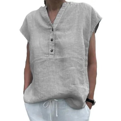 Women’s Cotton Linen V-Neck T-Shirt Blouse – Solid Color Short Sleeve Summer Quick-Dry Casual Top