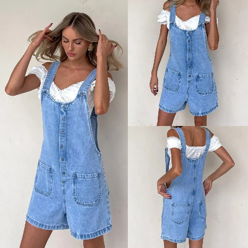 Women's Denim Bib Overall Shorts - Button Front Wide Leg Jean Jumpsuit with Pockets