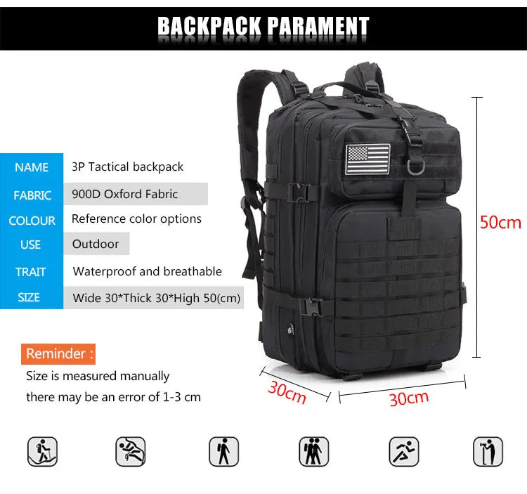 50L Tactical Backpack – Large Capacity Men’s Waterproof Rucksack for Hiking, Camping, Hunting & Outdoor Adventures