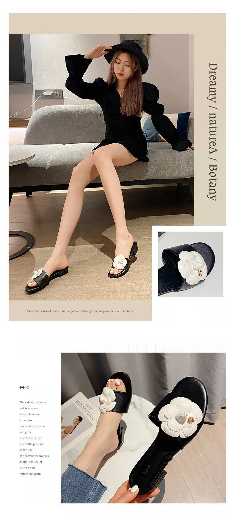 Luxury Women’s Flower Slippers — Camellia Open-Toe Slides for Home & Outdoor, Ladies Flip Flop Sandals