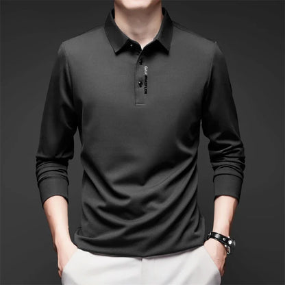 Men's Business Casual Polo Shirt - Long Sleeve Solid Color Top with Badge Detail