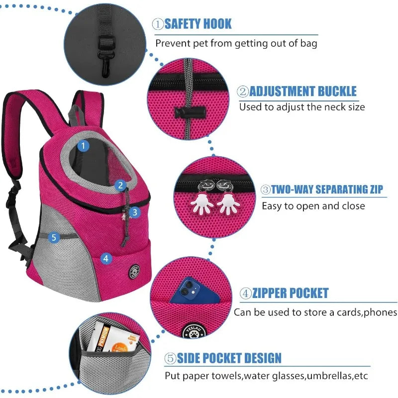 Pet Backpack Carrier - Breathable Adjustable Front Pack with Reflective Safety Strips for Dogs & Cats Outdoor Travel