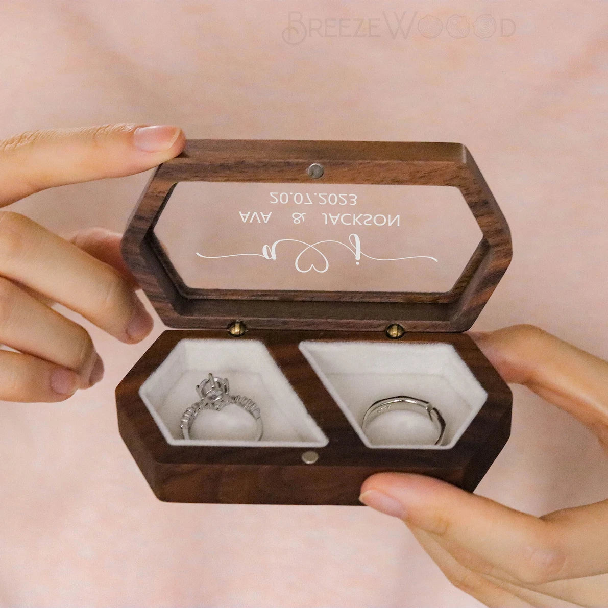 Personalized Walnut Wooden Ring Box - Custom Engraved Engagement & Wedding Ring Holder Gift for Couples, Brides & Grooms