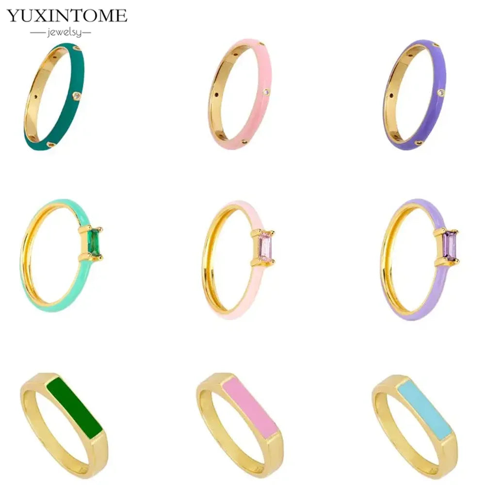 24K Gold-Plated & Silver Enamel Ring – Slim Round Women's Luxury Zircon CZ Ring in Green, Purple, Pink for Wedding & Anniversary