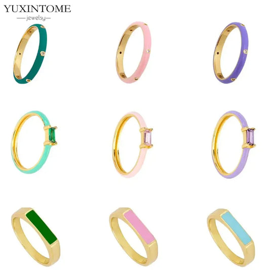 24K Gold-Plated & Silver Enamel Ring – Slim Round Women's Luxury Zircon CZ Ring in Green, Purple, Pink for Wedding & Anniversary