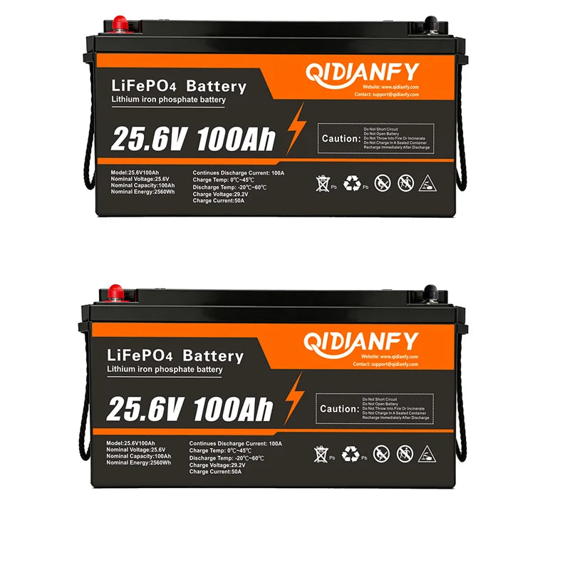 Qidianfy 25.6V 100Ah/200Ah LiFePO4 Battery - 100A Built-In BMS Deep Cycle Power for RV, Solar, Marine & Off-Grid Backup