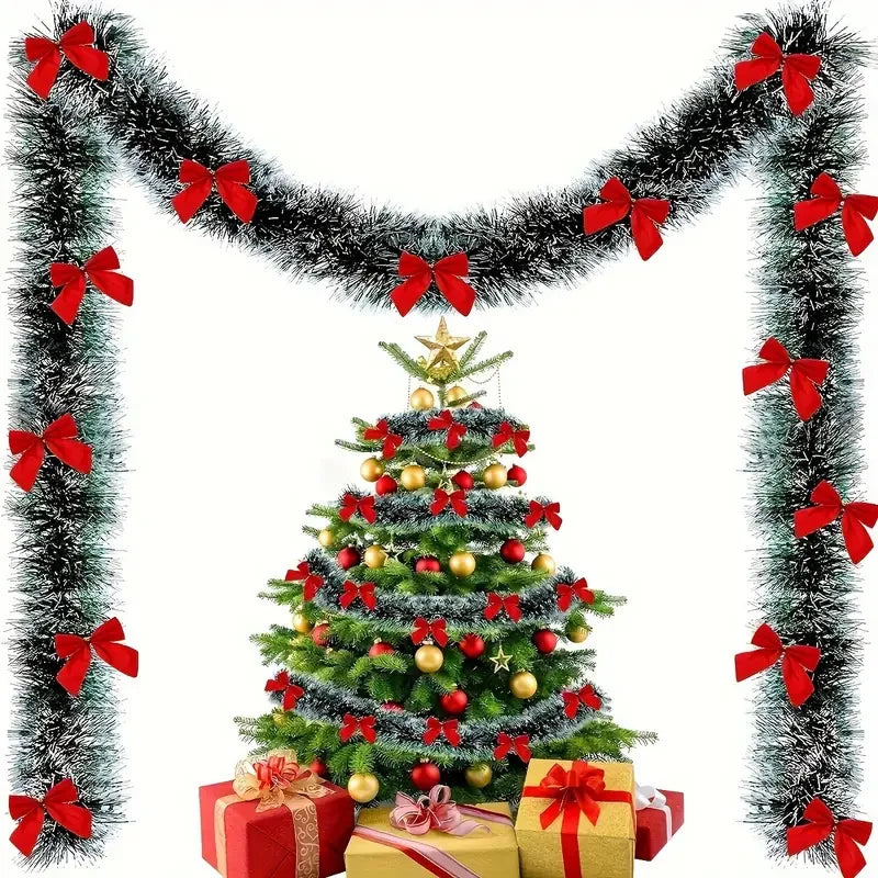 Christmas Bow Tinsel Ribbon Garland – Green Ribbon for Tree, Wreath & Holiday Decor
