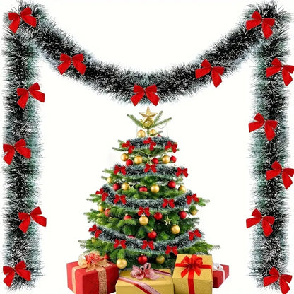 Christmas Bow Tinsel Ribbon Garland – Green Ribbon for Tree, Wreath & Holiday Decor