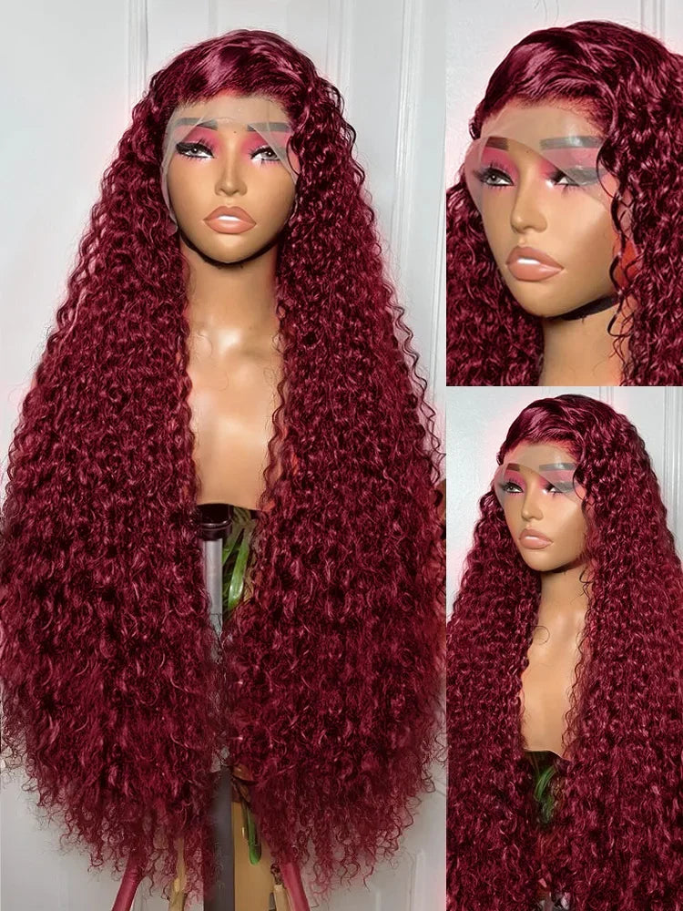 99J Burgundy Deep Wave Lace Front Wig – High Density Curly Red 13x6 HD Transparent Frontal Human Hair
