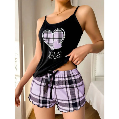 Women’s Sexy Suspender Pajama Set - Letter Print Plaid Shorts Romantic Thin Nightwear Home Wear