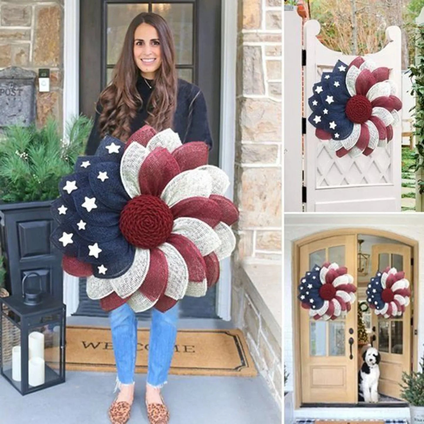 Independence Day Wreath – American Flag Red White Blue Star Door Hanging Garland for 4th of July Holiday Home Decoration