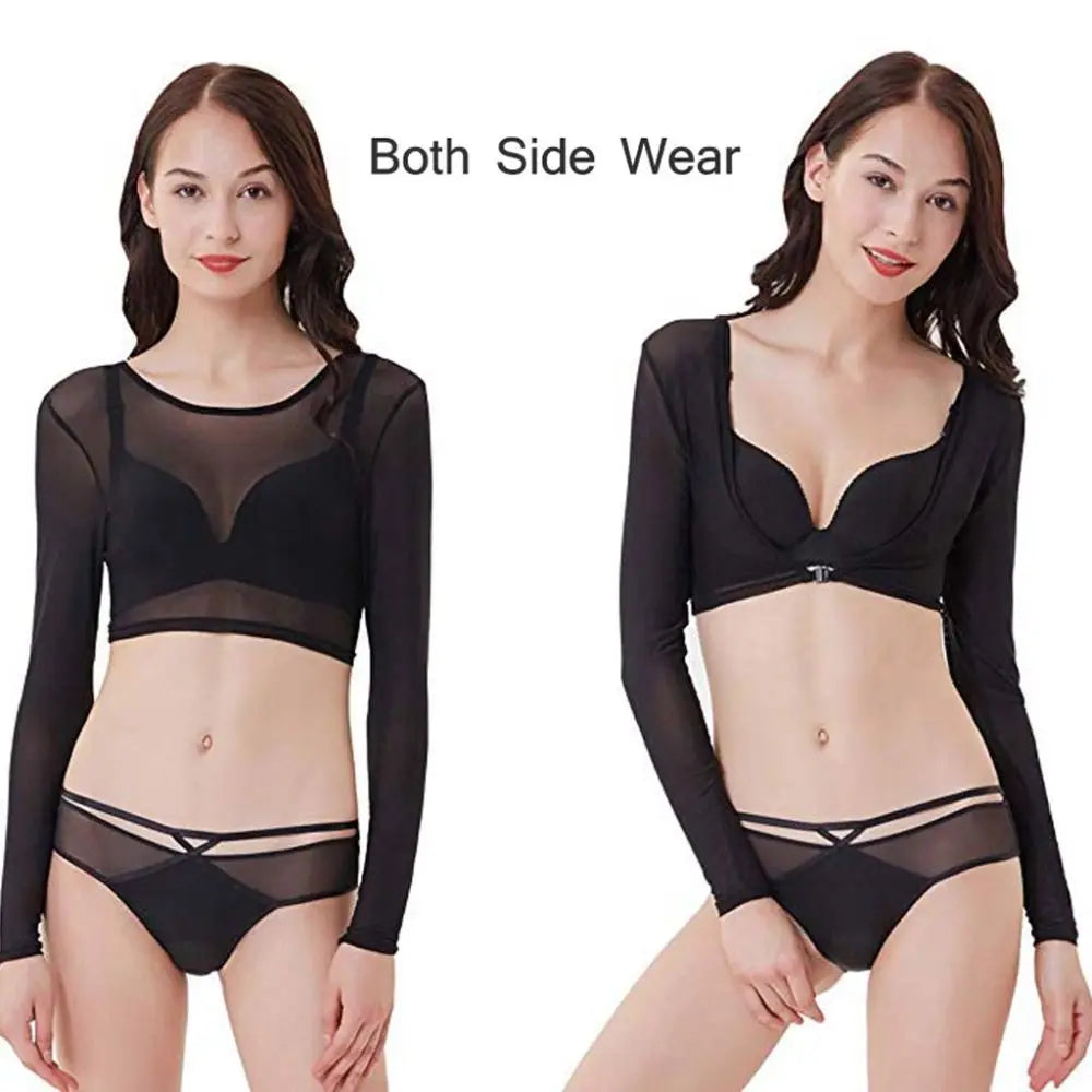 Women’s Long Sleeve Mesh Blouse Top – Reversible Front Button Stylish Undershirt T-Shirt (Black & White)