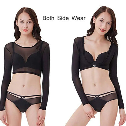 Women’s Long Sleeve Mesh Blouse Top – Reversible Front Button Stylish Undershirt T-Shirt (Black & White)