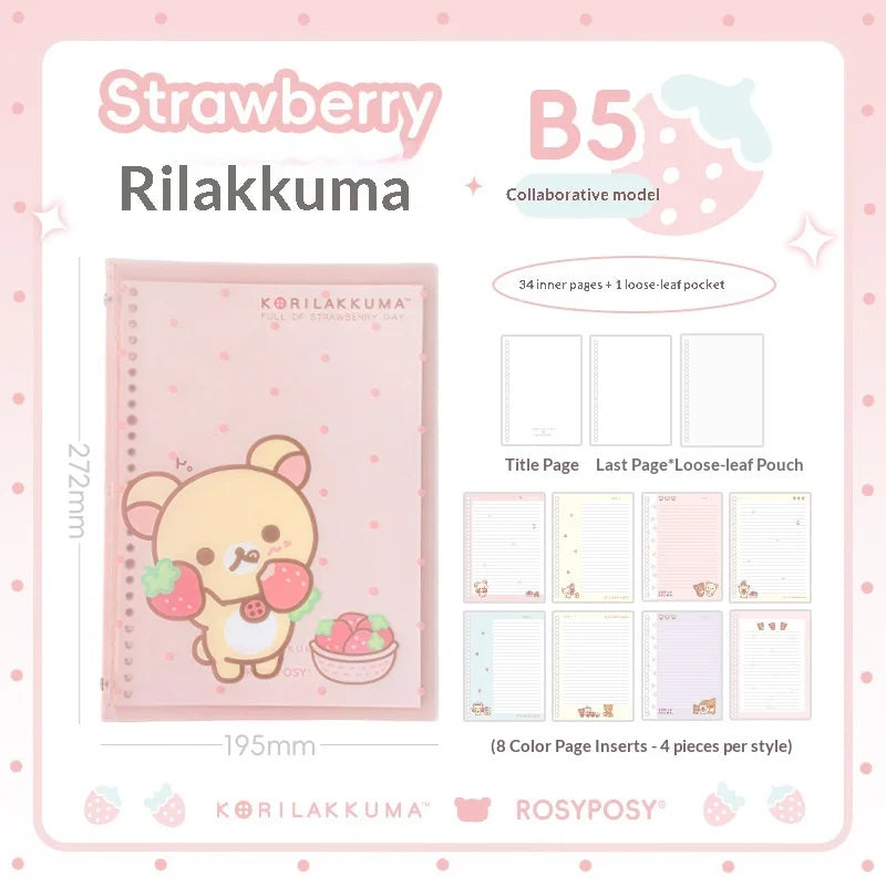 Rosyposy Korilakkuma Strawberry B5 Loose-Leaf Notebook - Cute Soft Cover Journal for Study, Writing & Note Taking