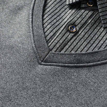 Men's Fleece Lined Polo Sweater - Fake Two-Piece Thick Winter Business Casual Pullover Top
