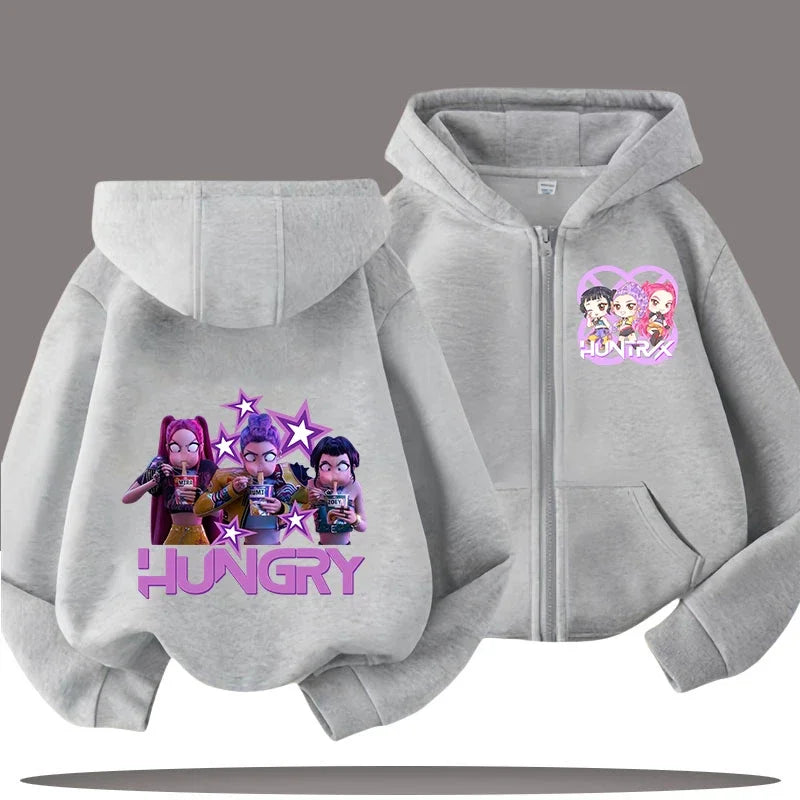 Funny Kpop Demon Hunters Zip-Up Sweatshirt – Kids Hoodie for Girls & Boys, Casual Zipper Hoody Top
