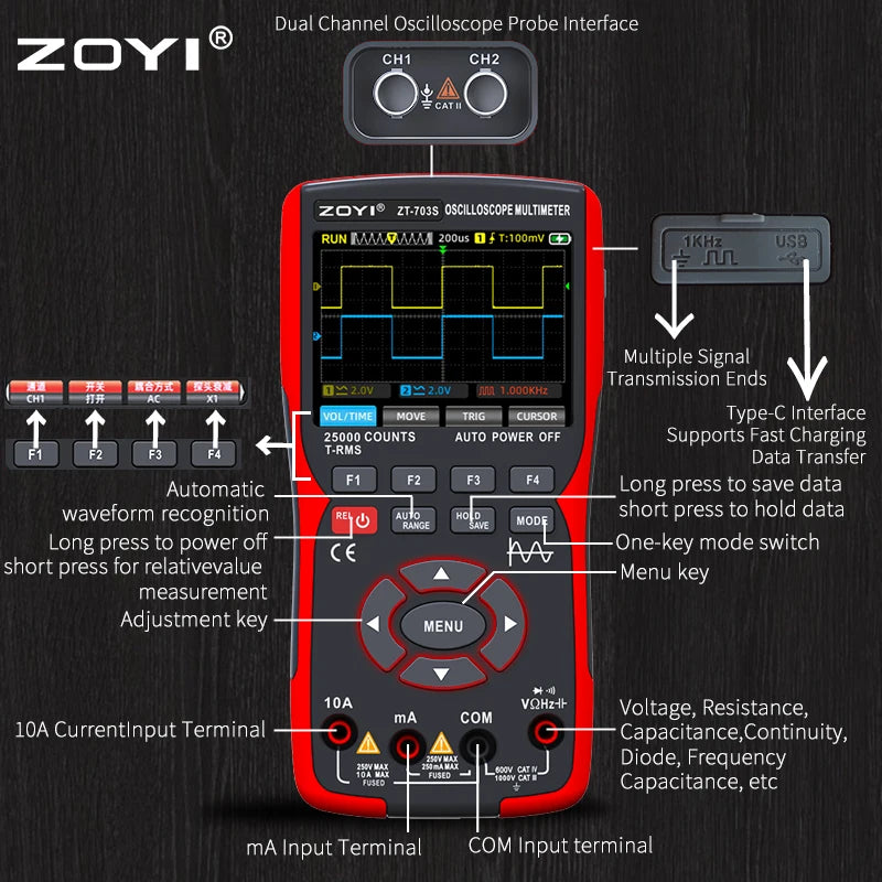 ZOYI 703S Handheld Oscilloscope Multimeter – Dual-Channel 3-in-1 Auto Repair Tool with Color Screen