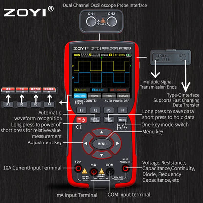 ZOYI 703S Handheld Oscilloscope Multimeter – Dual-Channel 3-in-1 Auto Repair Tool with Color Screen