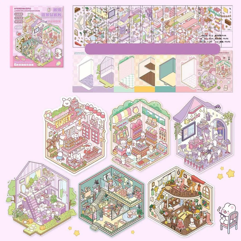 3D Cabin Scene Sticker Book - Layered Cartoon Scene Stickers for DIY Crafts, Creative Play, and Collecting
