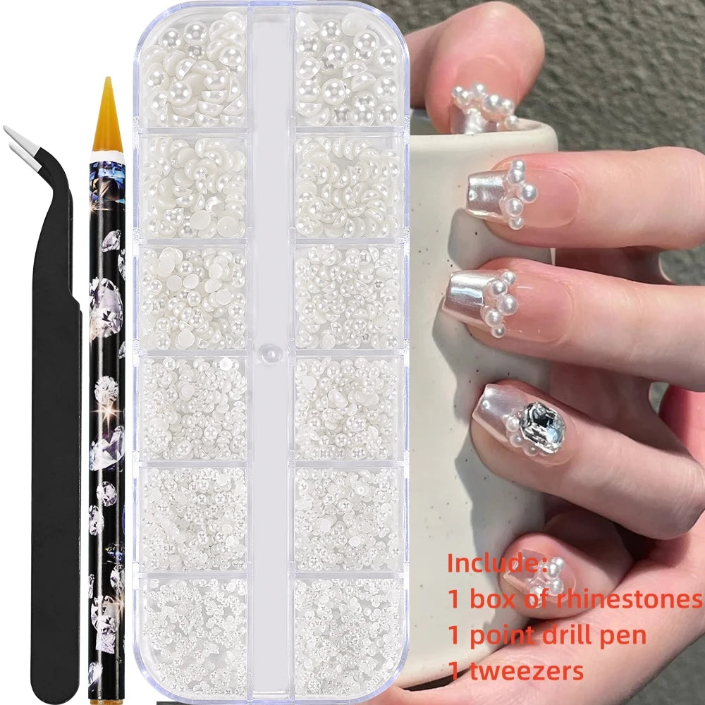 12-Grid 3D Glass AB Crystal Nail Art Rhinestones Kit – Flatback Round Beads with Tools for Nail Jewelry & Diamond Decoration