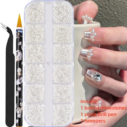 12-Grid 3D Glass AB Crystal Nail Art Rhinestones Kit – Flatback Round Beads with Tools for Nail Jewelry & Diamond Decoration