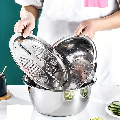 3-Piece Stainless Steel Kitchen Prep Set - Mixing Bowl & Multifunctional Vegetable Slicer for Fruits and Vegetables