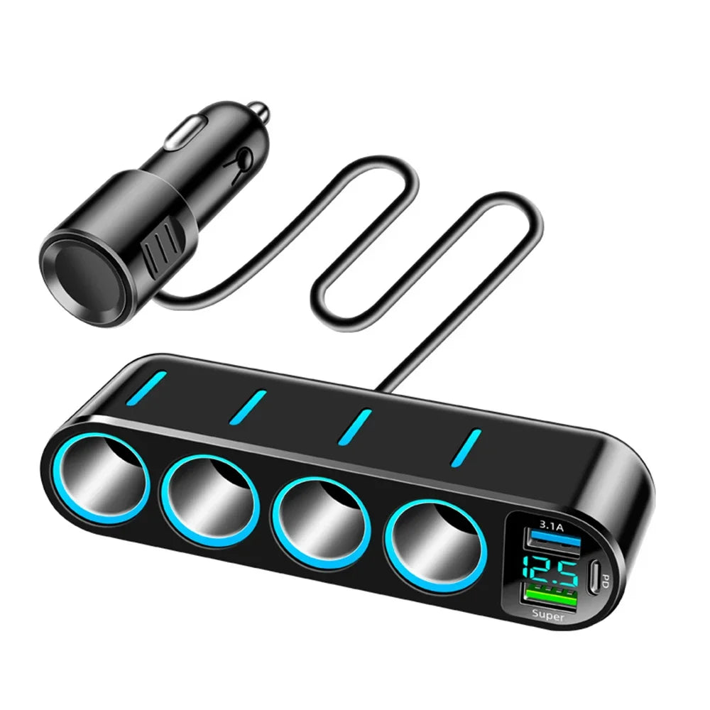 7-in-1 Car Fast Charger Adapter - 12–24V 66W PD Dual USB Cigarette Lighter Splitter with 4 Power Sockets