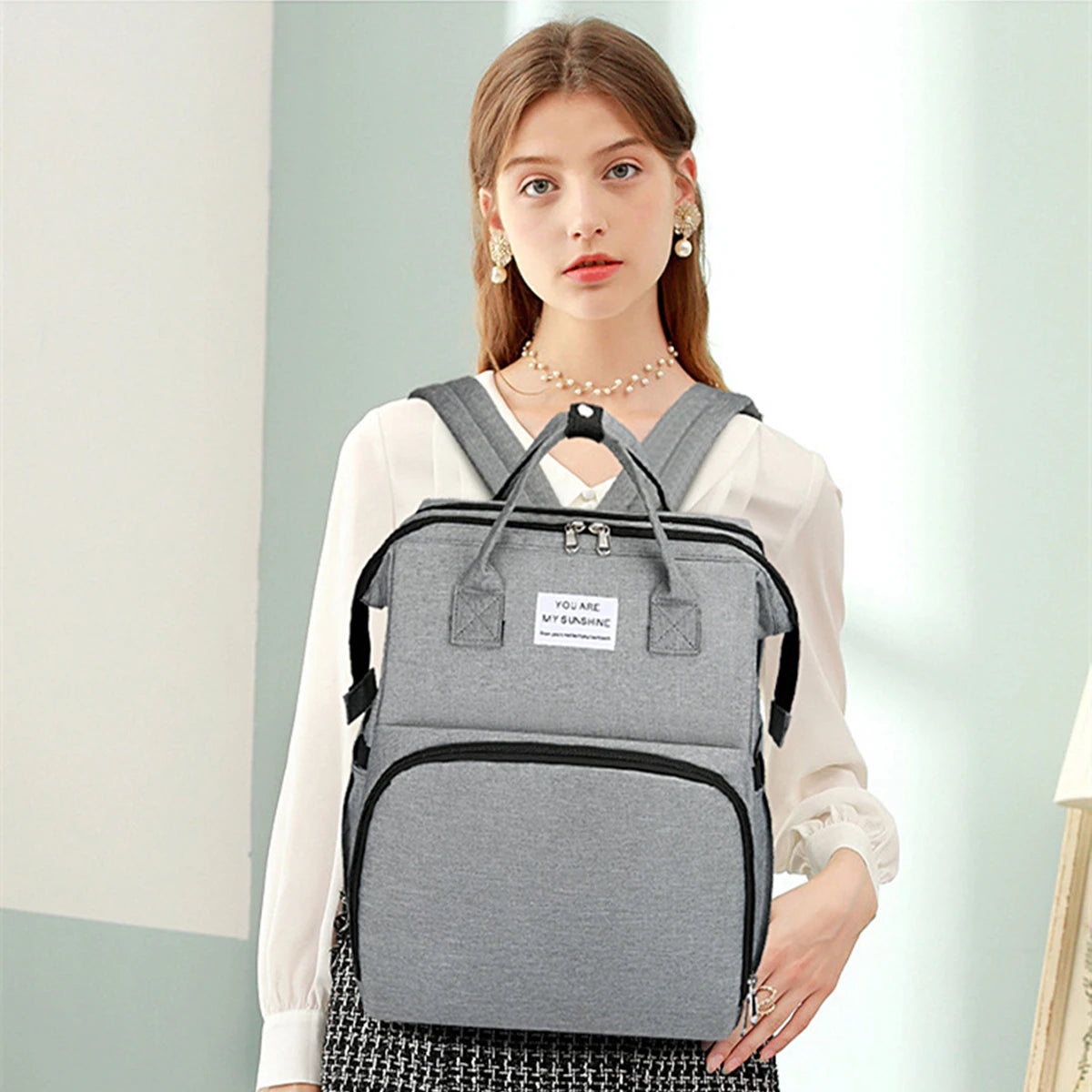 Foldable Diaper Bag with Changing Station – Large Capacity Mommy Backpack with Insulated Pocket, Multifunctional Baby Travel Bag with Bed & Double Shoulder Straps