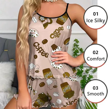 Women's Cartoon Print Pajama Set: Camisole and Shorts Nightwear - Khaki Summer Sleepwear for Casual Comfort